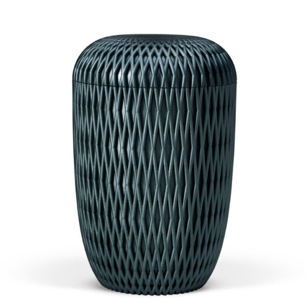 Moderne Urne für die Urnenbestattung, erstellt im 3-D-Druck, Petrolfarben.